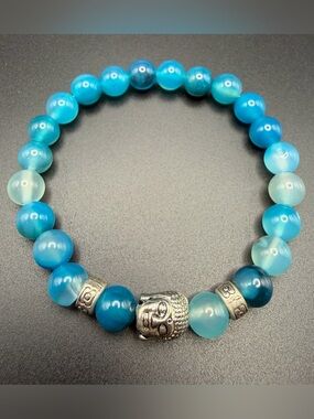 Blue Beads 8mm Stone Metal Buddha Charm Bracelet New